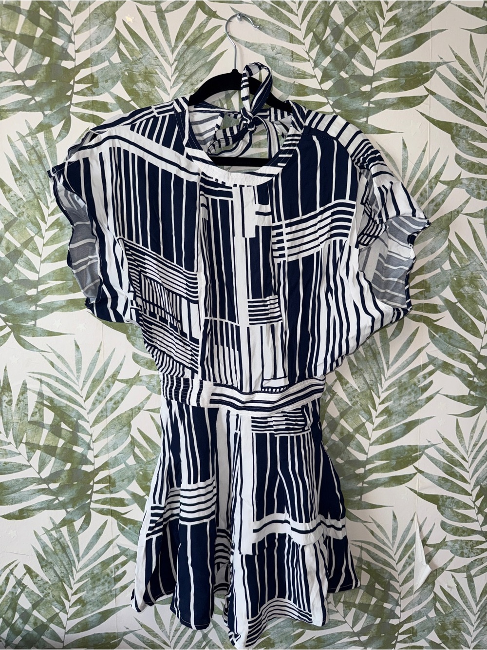Navy and White Geometric Mini Romper with Tie Neck